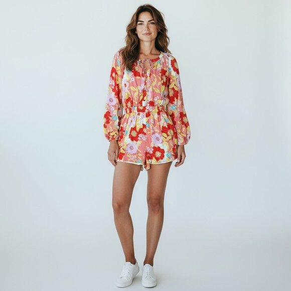 Floral Long Sleeve Romper With Lace-Up Neckline Emily Wonder Size M - Picture 2 of 3